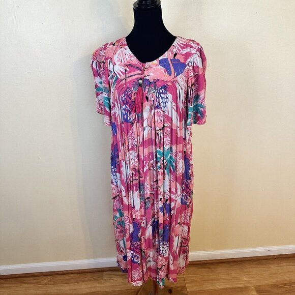 Go Softly Womens Pink Flamingo MuMu Housedress Small Zip Up Short Sleeve Midi - Picture 2 of 13
